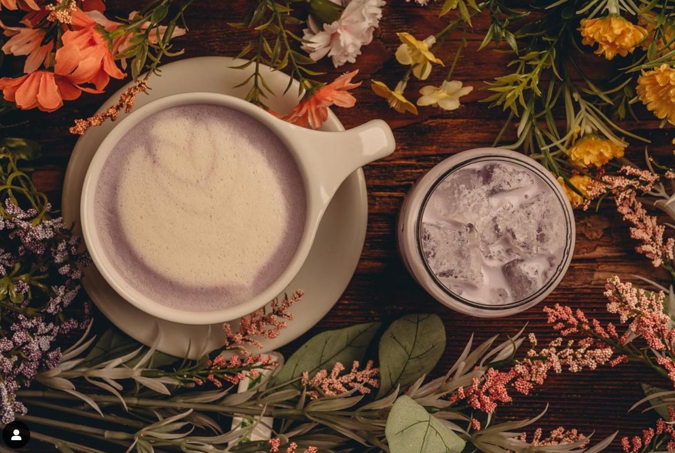 Overhead view of a purple color latte and iced latte made from a taro root powder. Drinks are surrounded by spring flowers on a dark brown stained table.