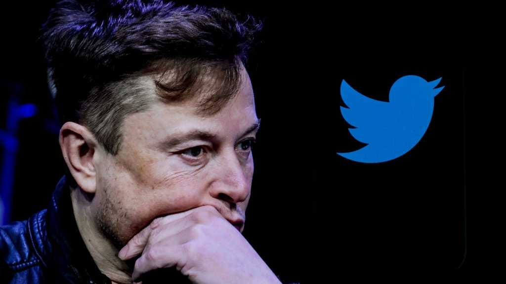 Elon Musk looking concerned with the Twitter logo in the background