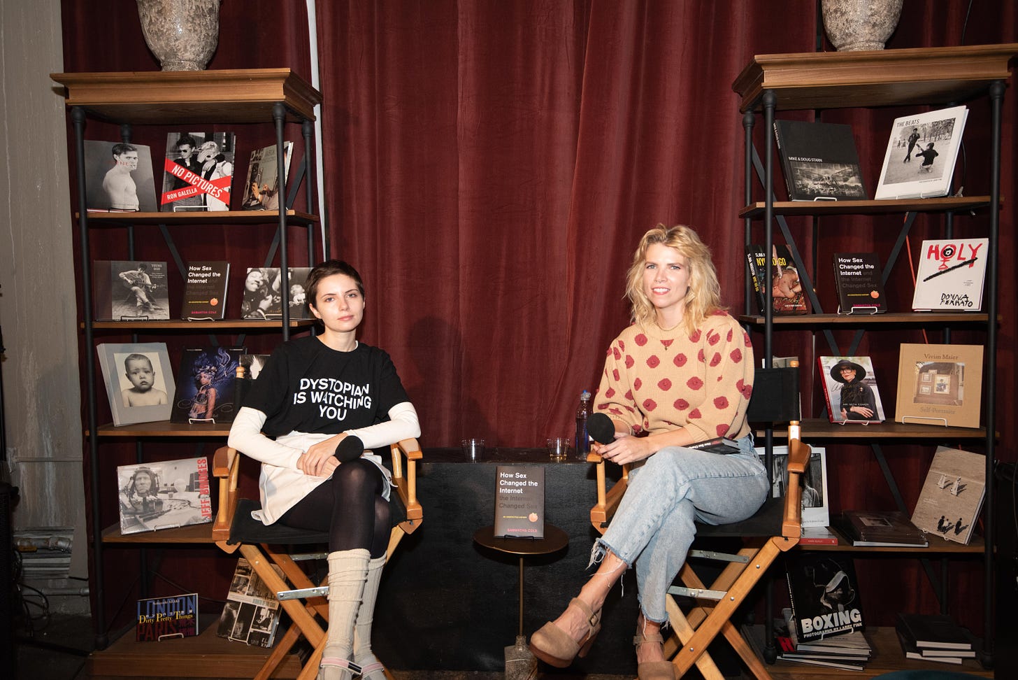 Liara Roux (left) and Samantha Cole on stage at the launch event for How Sex Changed the Internet and the Internet Changed Sex