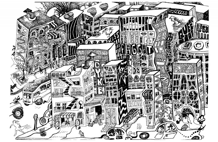 An illustration in black-and-white of a city block, where every building is decidedly abstract and buildings say 'dyke' and 'faggot' on them: a rendering of a queer community which is genuinely strange and otherwise