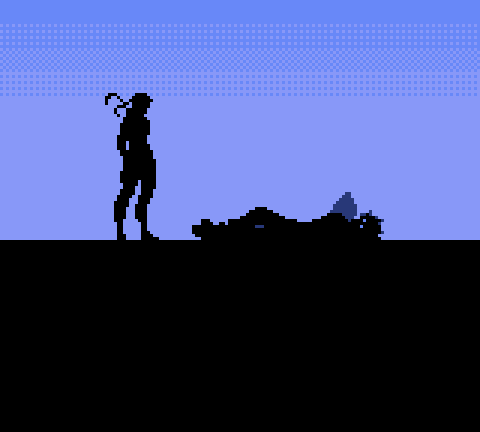 A gif of the silhouette of Snake standing over one of the game's fallen bosses, bandanna fluttering in the wind. 