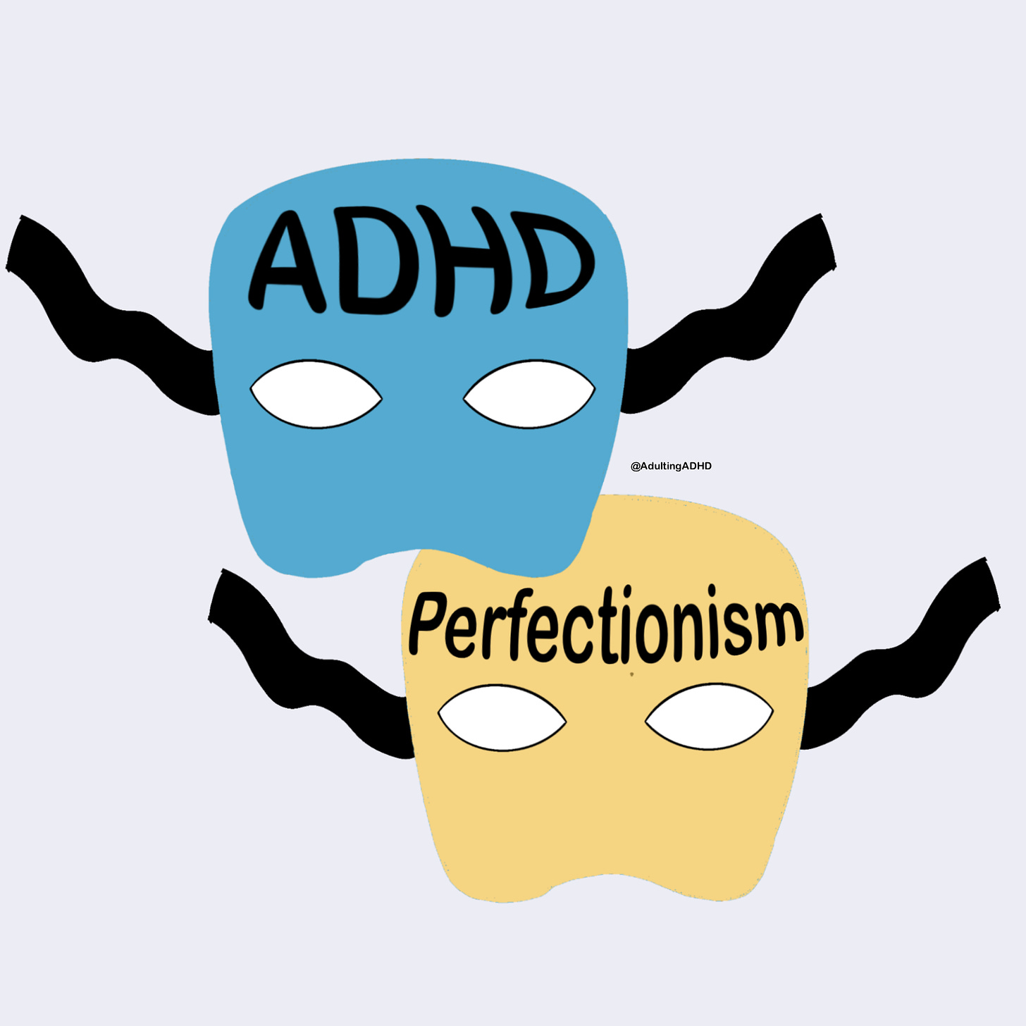 A blue costume mask with the word ‘ADHD’ written on it and a yellow costume mask with ‘perfectionism’ written on it.