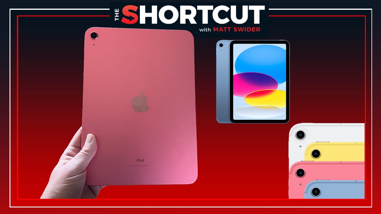 A disembodied hand holds a pink iPad next to stock product imagery of other color options