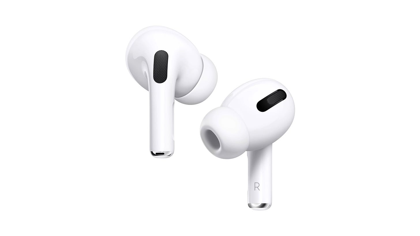 A pair of AirPods Pro 1st Generation on a white background