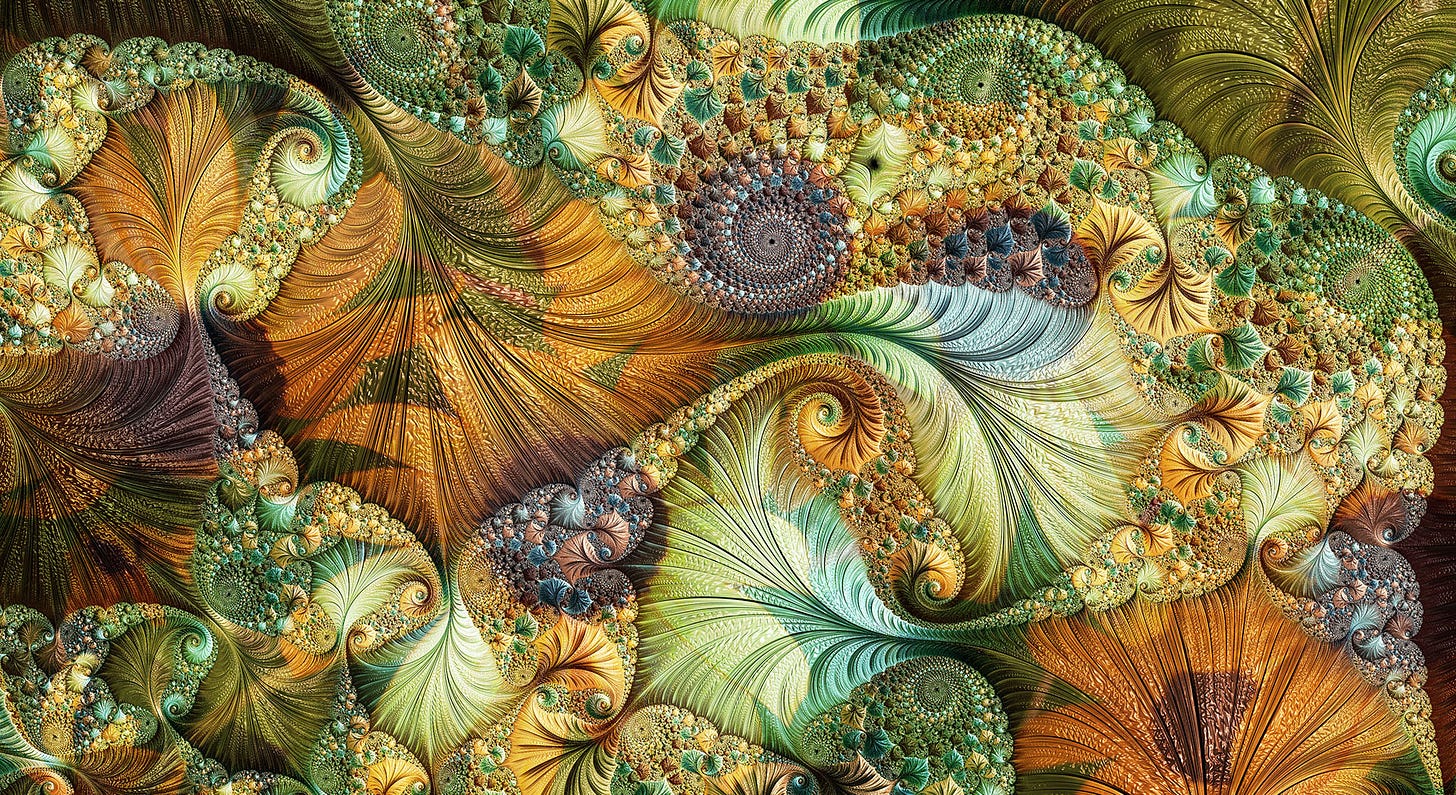 Swirling fractal design in greens, golds and purples