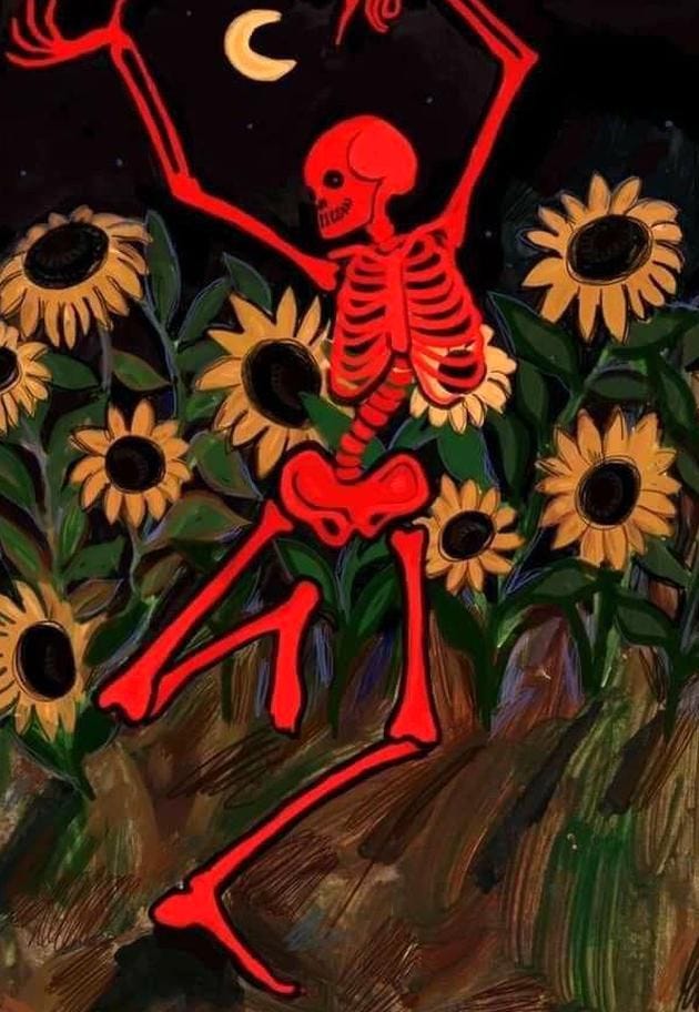 The focal point would be the red skeleton then to the sunflowers and moon  this picture has very diffrent col… | Art, Halloween wallpaper iphone,  Halloween painting
