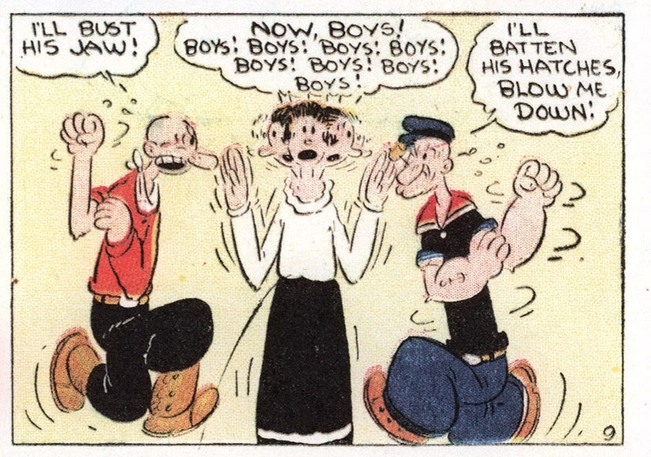 Popeye and another guy fighting over Olive Oyl