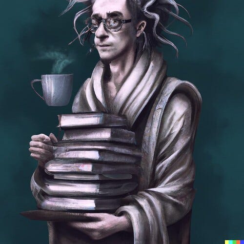 DALL·E 2022-09-20 03.52.05 - a bookish nerd with glasses in ill-fitting pyjamas and robe holding a pile of books and a cup of tea in a realistic painted concept art style steamp