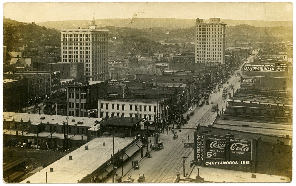 Downtown Chattanooga looking NW from the Hotel Patten, 1913, postcard