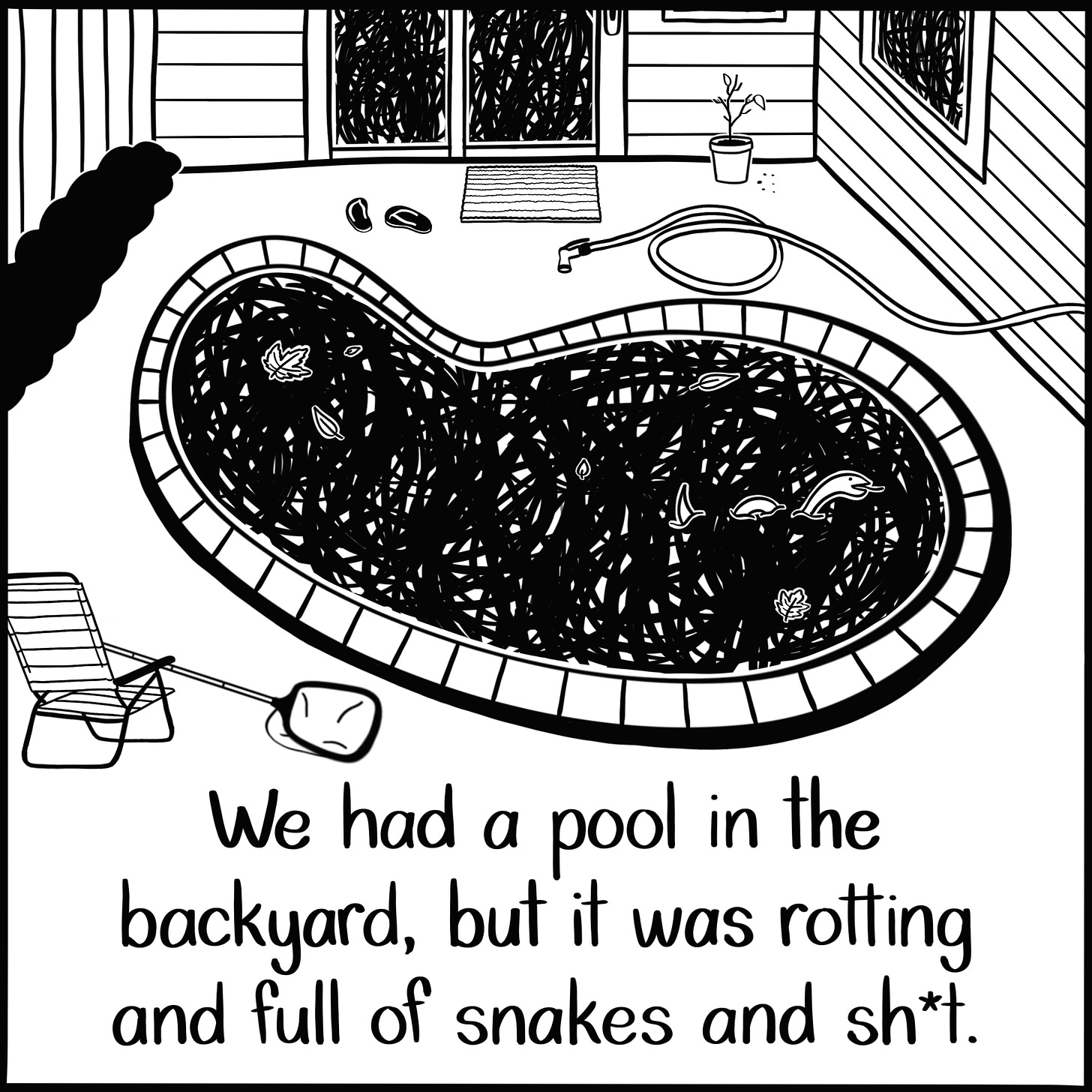 Caption: We had a pool in the backyard, but it was rotting and full of snakes and sh*t. Image: An ovular backyard pool filled with leaves and a snake with scribbles filling in the blank space. Various items such as a beach chair, abandoned flip flops, and a dying plant surround the pool.
