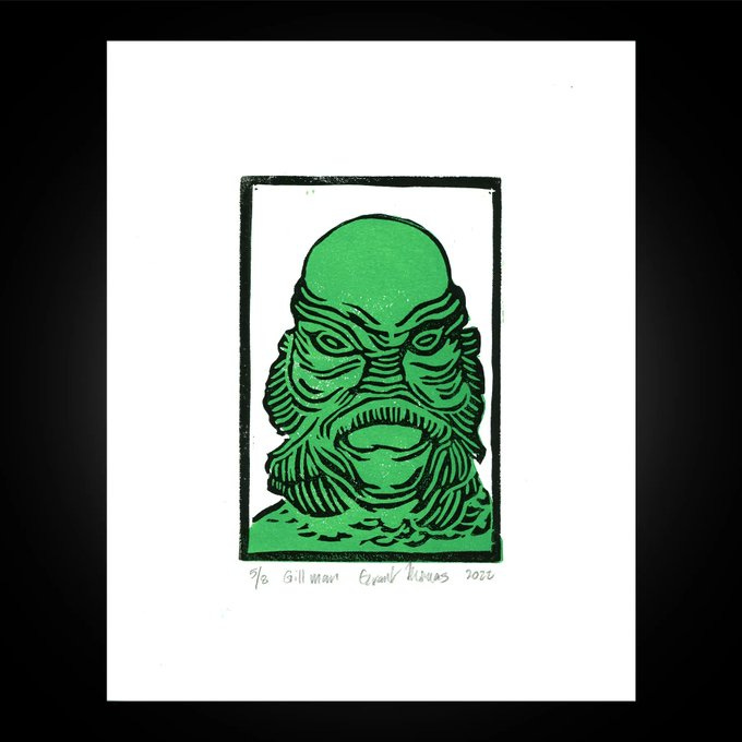 A linocut of a "Creature from the Black Lagoon" inspired monster, titled "Gillman." It's signed and numbered by the artist.