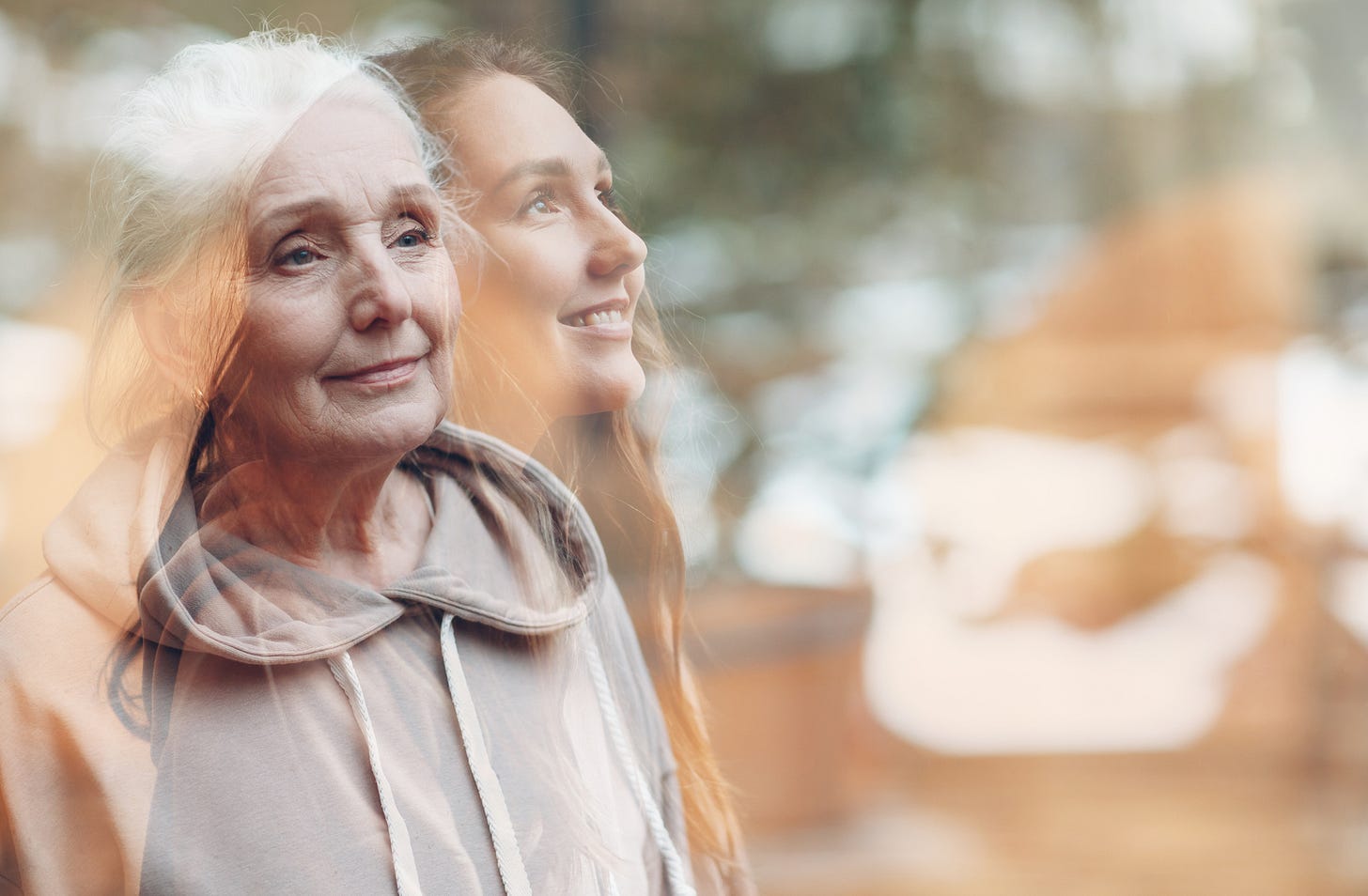 Composite portrait photo of two white women, one old and one young, presumeably the same person at different ages.