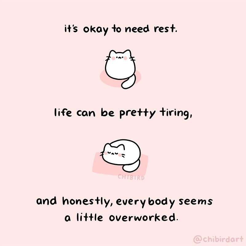An illustration of a little white cat on a pink background sleeping that reads, "It's okay to need rest. Life can be pretty tiring. And honestly, everybody seems a little overworked." - @ChiBirdArt