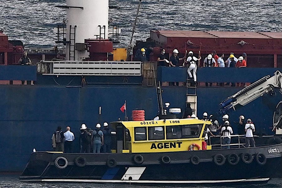 An inspection delegation boards the Sierra Leone-flagged cargo ship Razoni carrying 26,000 tonnes of corn from Ukraine, off the coast of north-west Istanbul, on August 3, 2022.