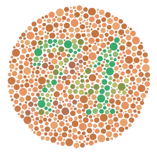 Example of an Ishihara colour test plate. The number “74” should be clearly visible to viewers with normal colour vision. Viewers with red-green colour blindness will read it as “21”, and viewers with monochromacy may see nothing