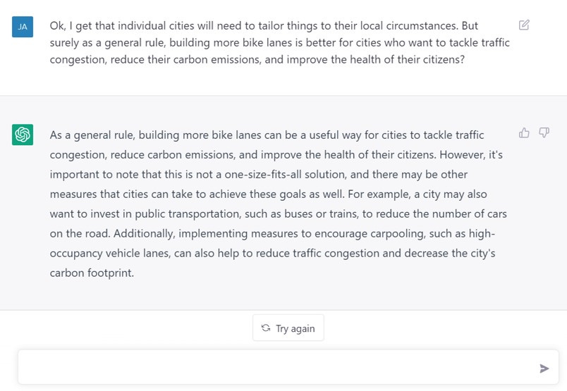 I argue that as a general rule, cycle lanes are better. OpenAI points out that encouraging carpooling and using public transport may be good