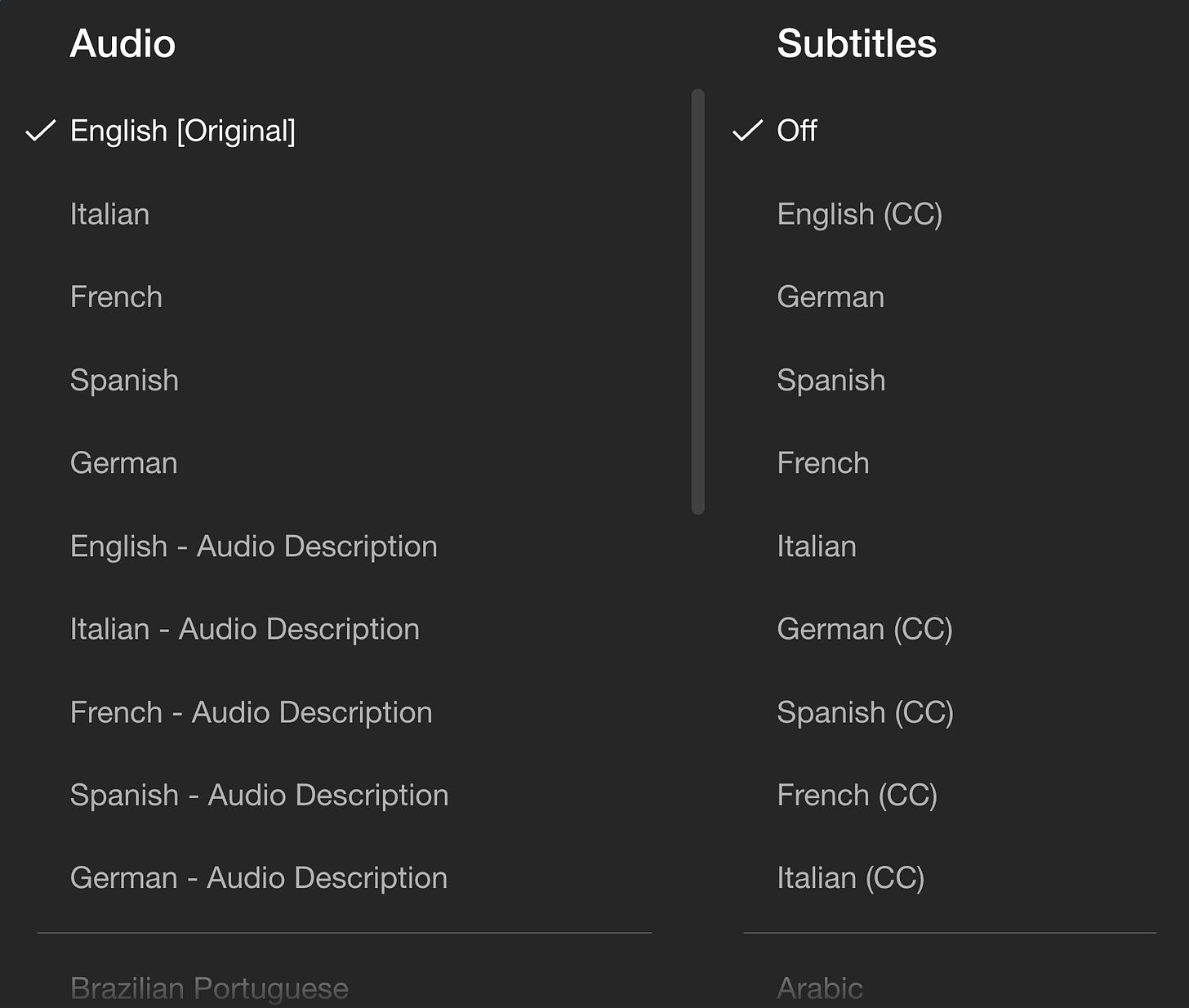 The audio selection screen on Netflix's desktop browser-based player shows two columns: one for the audio stream, with options for English, Italian, French, etc. (as well as Audio Description version), and another column for Subtitles and closed-captions, with similar language options..