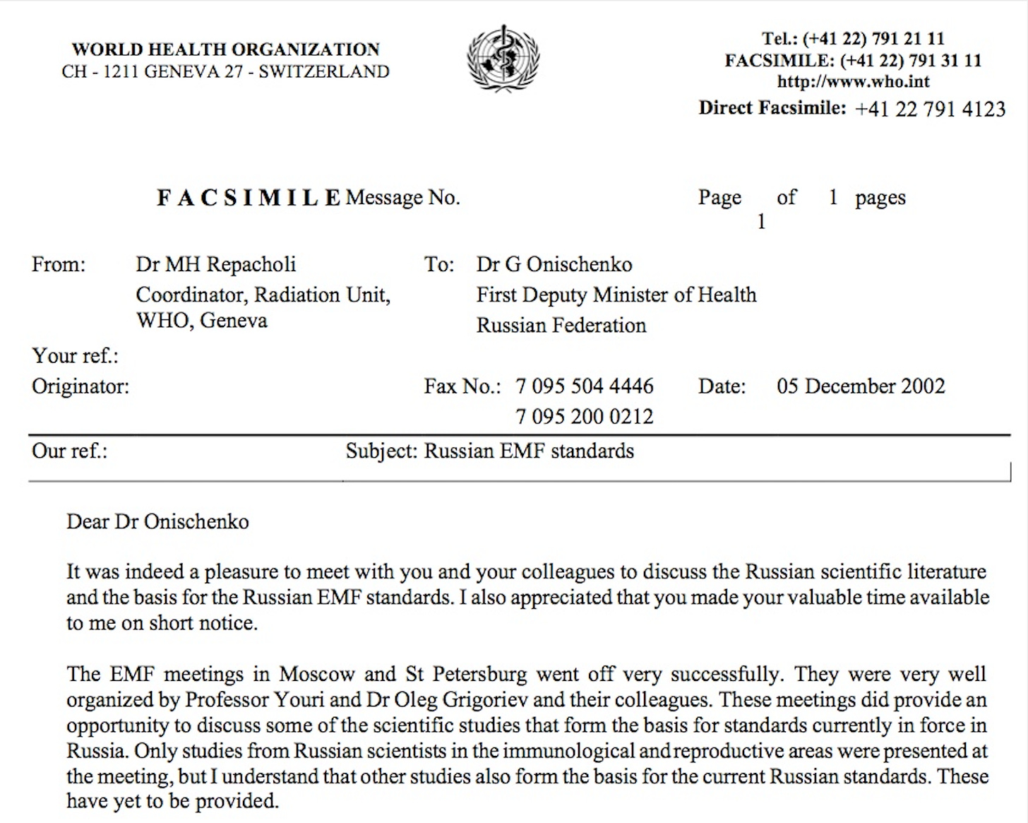 Fax from M repacholi to G Onischenko 2002