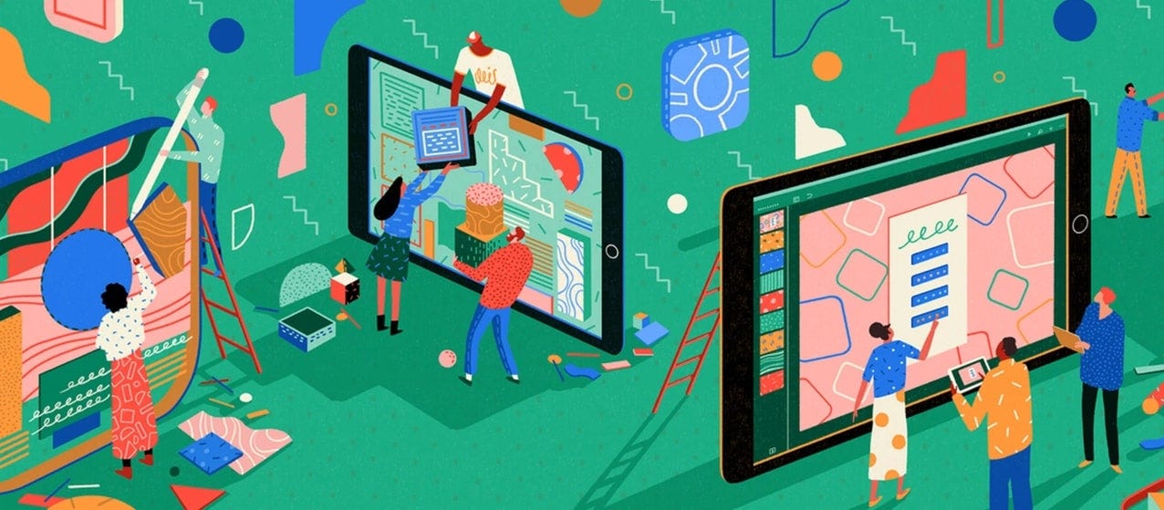 An image of Yukai Dai's Corporate Memphis illustration for Apple. Here we see tiny people utilizing an Apple iPad on a bright green background. Geometric shapes are scattered throughout.