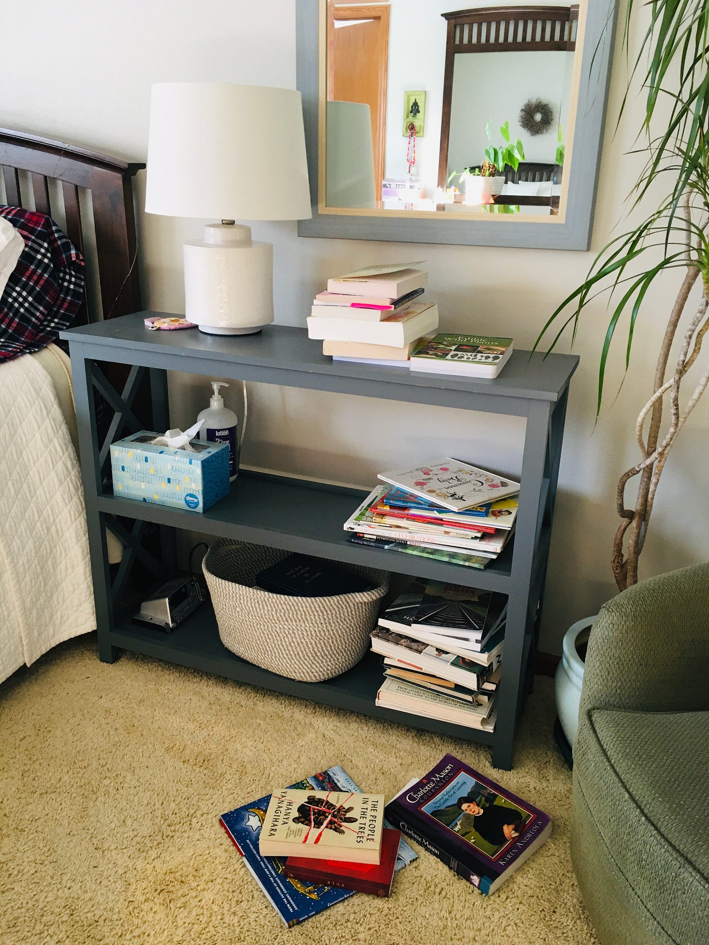 lamp, bedside table, books, mirror, bedroom