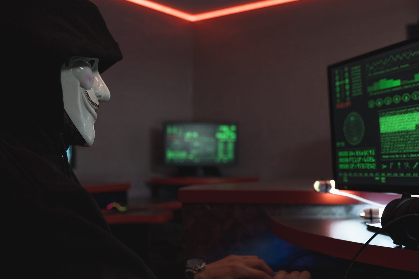 Person in mask engaging in cyber attack