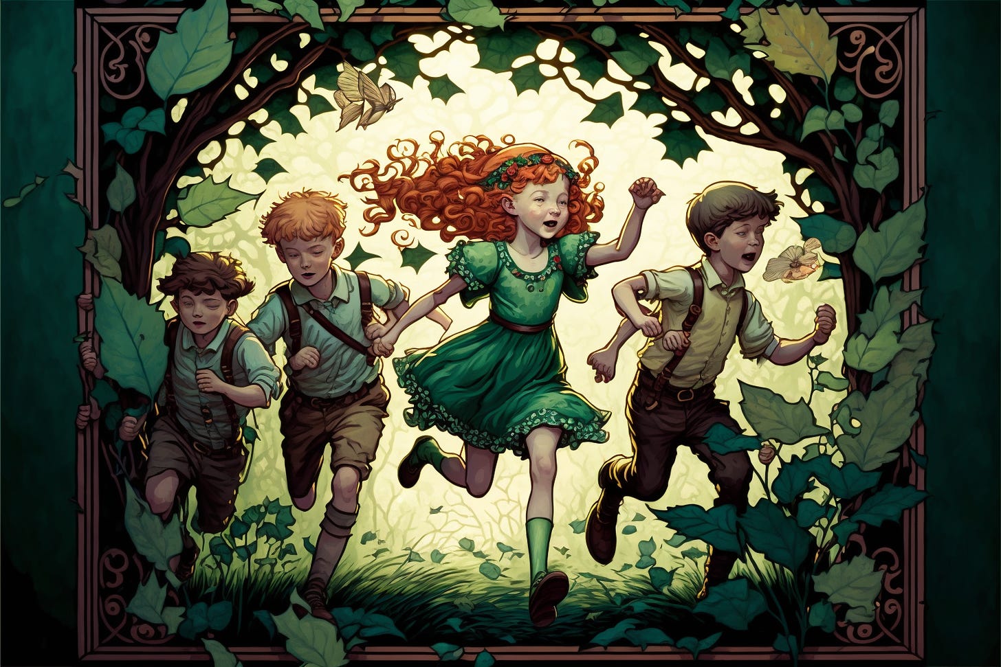 a group of young kids running around in a garden full of poison ivy