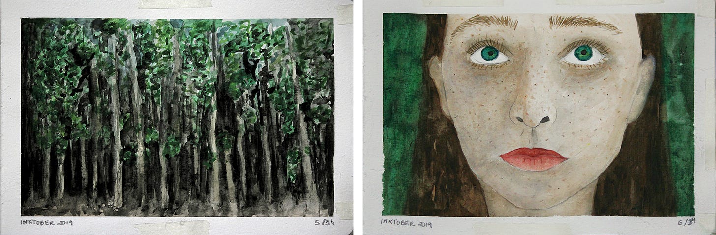 duas aquarelas lado à lado: à esquerda, um bosque denso e escuro, com árvores grandes e imponentes. à direita, a representação de Greta, uma menina ruiva e branca, com foco em seu rosto, que tem uma expressão que é um misto de atenção e apreensão.