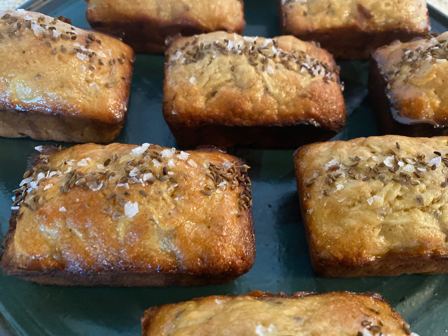 A closeup of several small rectangular cakes, topped with a sprinkling of flaky salt and anise seeds.