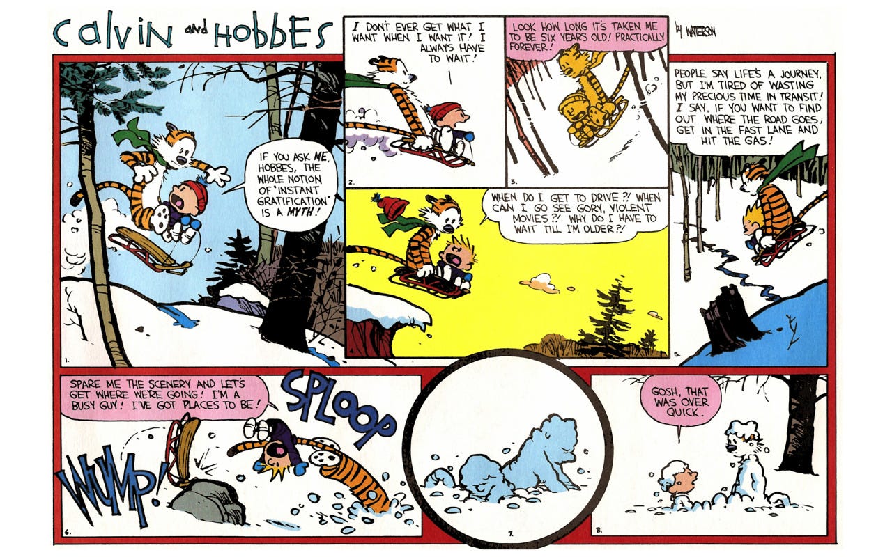 Jetpack Sunrise — Calvin and Hobbes on instant gratification.