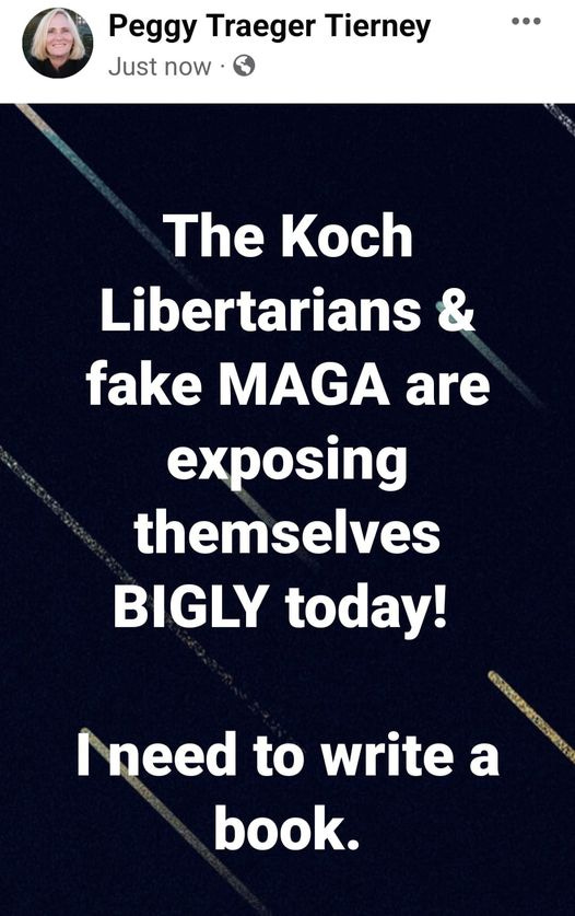 May be an image of 1 person and text that says 'Peggy Traeger Tierney Just now The Koch Libertarians & fake MAGA are exposing themselves BIGLY today! I need to write a book.'