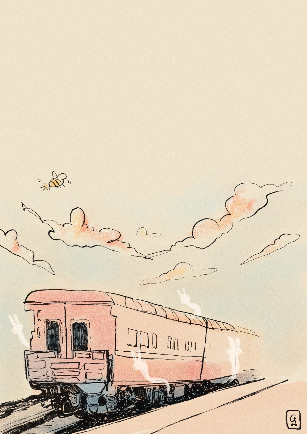a drawing of a train in sunset by jess with clouds. it's a watercolour style image