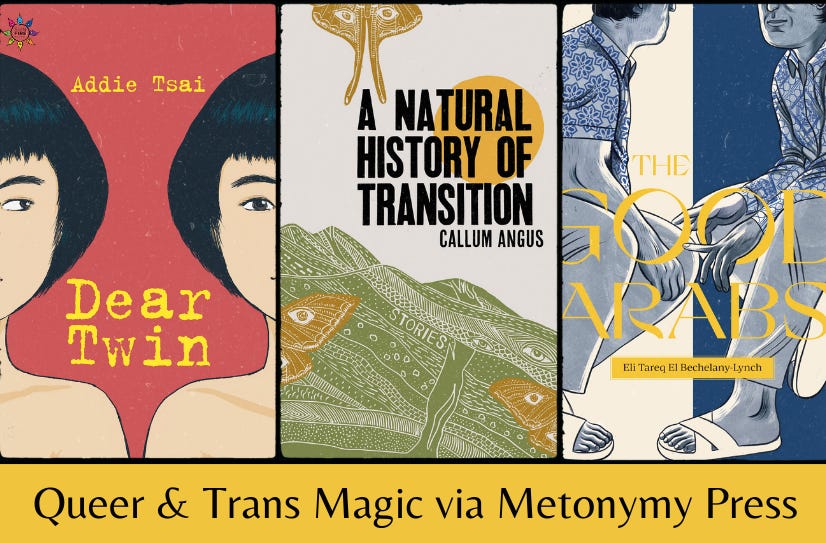 Three book covers in a row: Dear Twin, A Natural History of Transition, and The Good Arabs. The text “Queer & Trans Magic via Metonymy Press” appears below the books on a dark yellow background.