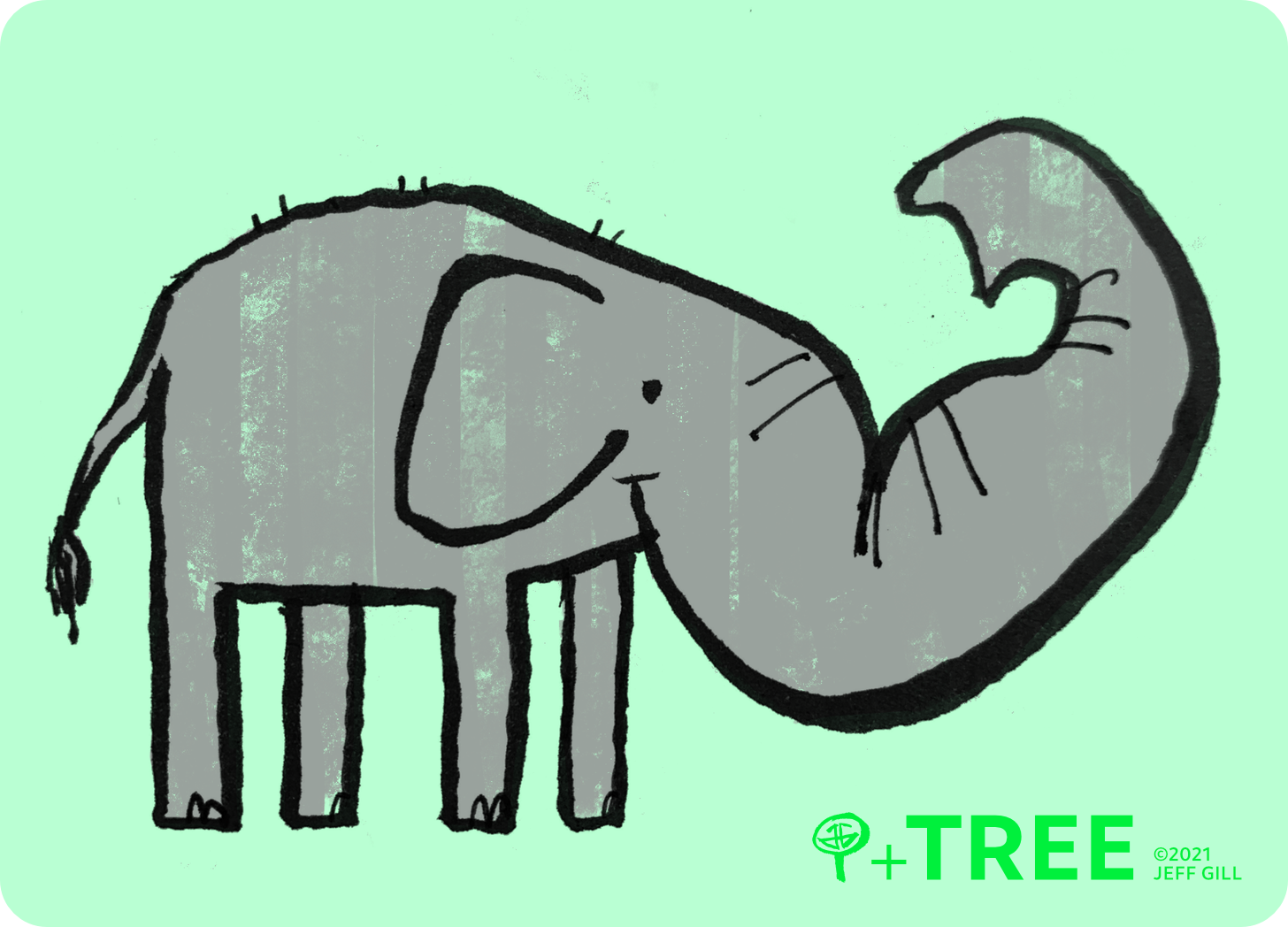 An illustration of an elephant flexing his massive muscular trunk. He has skinny legs.