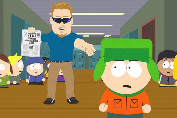 P.C. Principal (with Kyle, foreground) in a scene from the episode “Sponsored Content” in the new season of “South Park.”