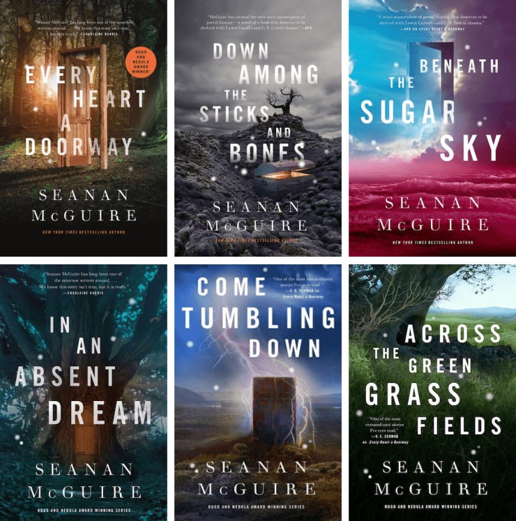 Six covers of the currently available novellas in Seanan McGuire's Wayward Children Series