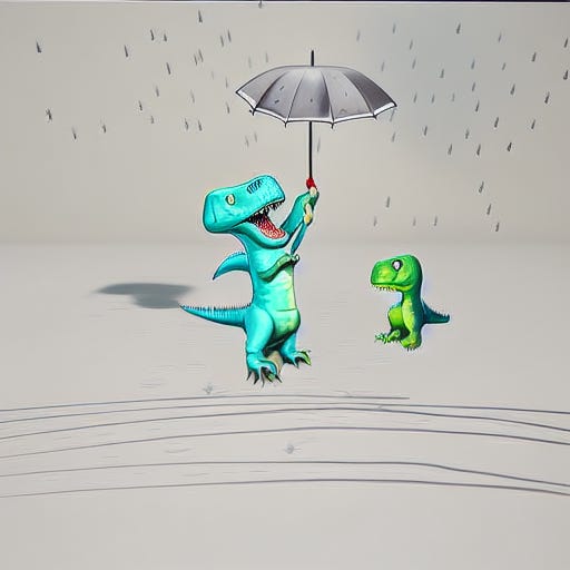 AI-generated image of two dinosaurs with one holding an umbrella