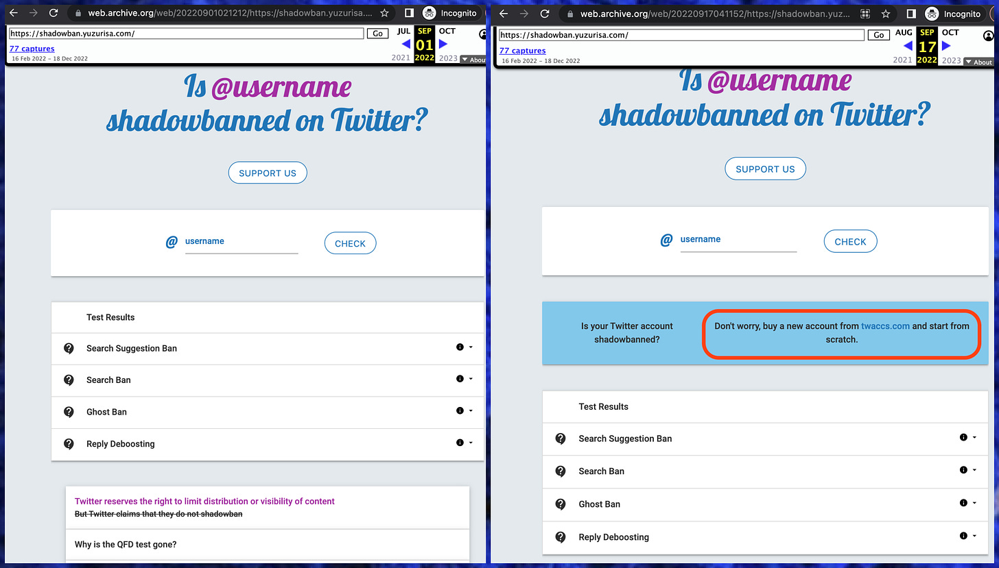 screenshots of Wayback machine archives of shadowban.yuzurisa.com both before and after the twaccs.com advertisement appeared