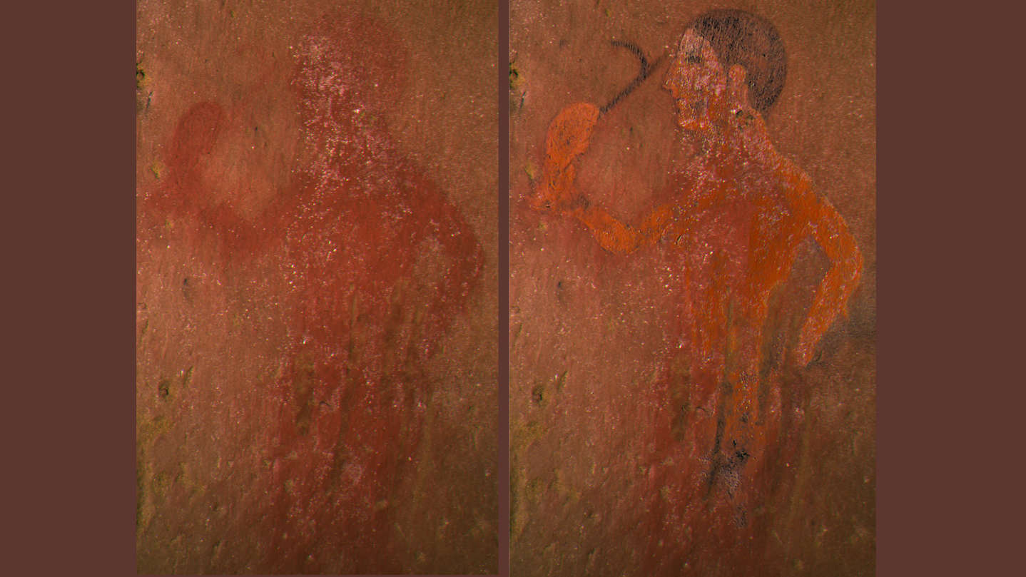 a close up of a door: Using a new technique to restore this Etruscan painting (left) from the 2,500 year-old "Tomb of the Monkey," researchers revealed what it really looked like so long ago (right).