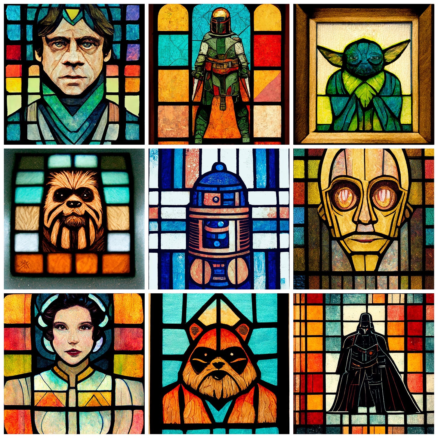 A nine panel collection of images rendered with midjourney all showing Star Wars characters depicted as stained glass windows.