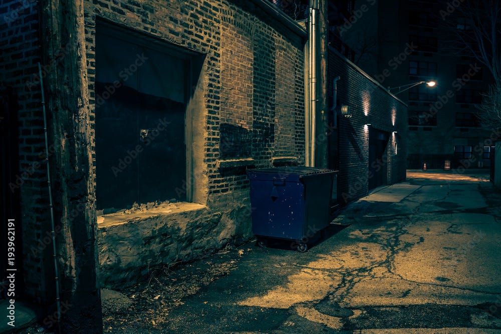 Dark empty and scary urban city street.alley with a vintage warehouse  loading dock and a garbage dumpster at night. Stock Photo | Adobe Stock