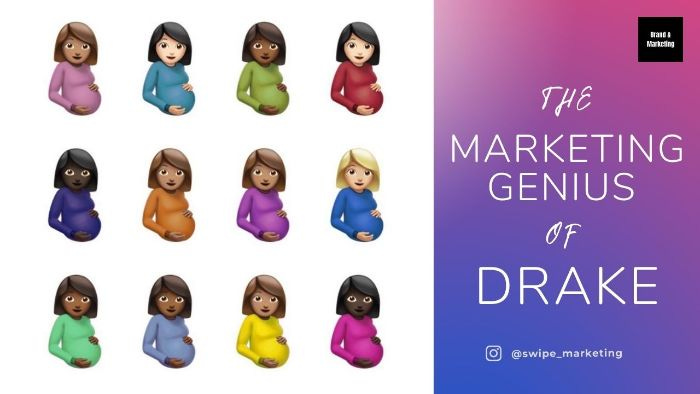 drake's album cover art for certified lover boy is on the left and on the right is the title "the marketing genius of drake." the album cover art has an entirely white background, with 3 rows of 4 pregnant woman emoji in all different colors.