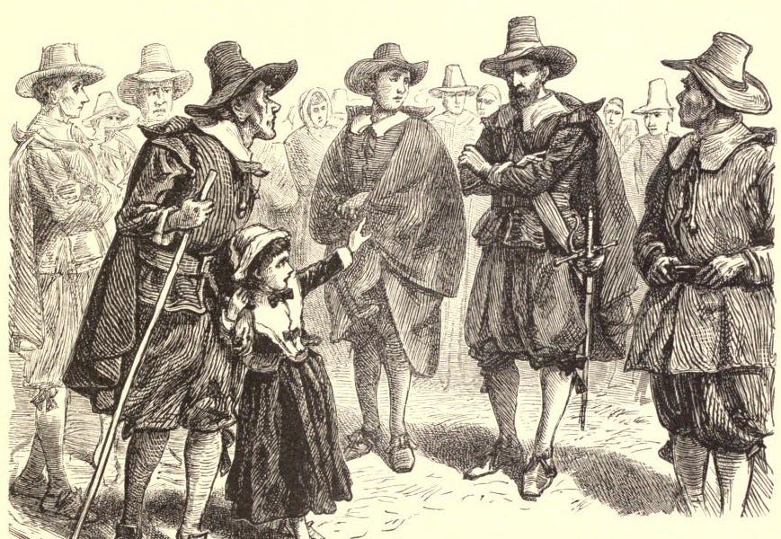 Salem witch trials: A young girl points at a Puritan man and accused him of witchcraft