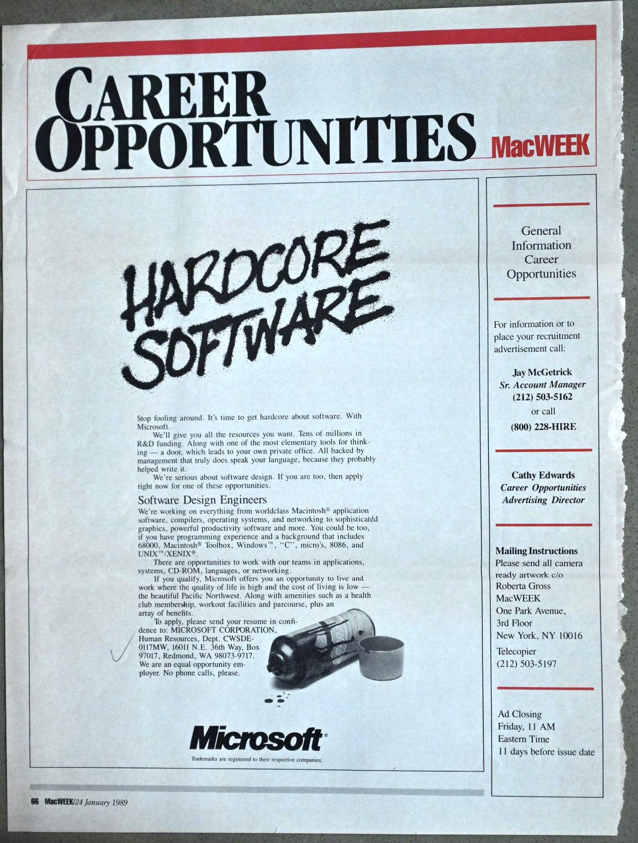 Page from MacWorld Magazine with an add for Hardcore Software at Microsoft "Career Opportunities"