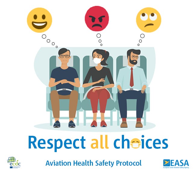 EASA Aviation Health Safety Protocol graphic released for the relaxation of covid19 measures for air travelers shows 3 people sitting in airplane seats only one is masked in the middle and the other 2 are not, and the unmasked guy on the left has a happy smiley emoji above him, the woman masked in the middle has an angry emoji above her head, and the other unmasked man has an eyes rolling emoji above his head and the caption reads respect all choices