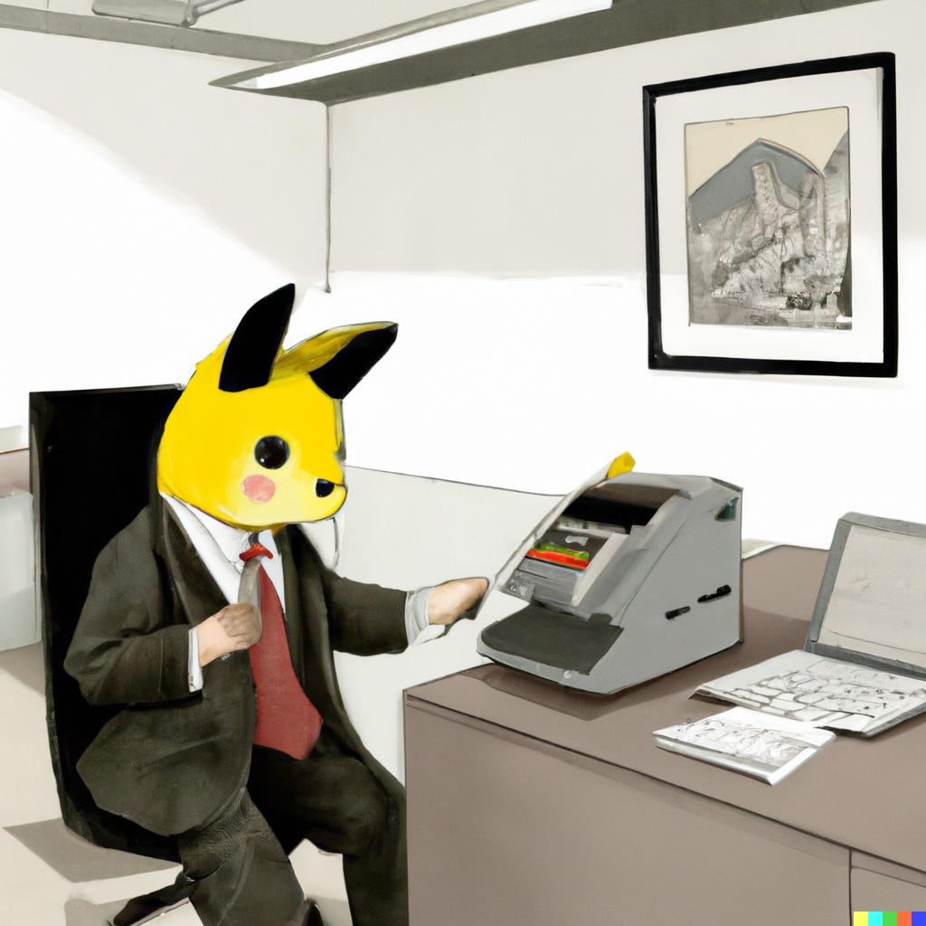 A man in a grey suit with a Pikachu head sits in a grey office opposite a device that may or may not be a fax machine. The image was generated by AI.
