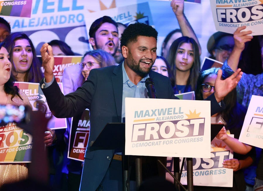 Democratic candidate for Florida's 10th Congressional District Maxwell Frost speaks as he celebrates with supporters during a victory party at The Abbey in Orlando, Fla., on Tuesday, Nov. 8, 2022.