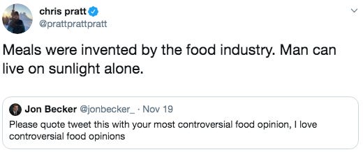 Screencap of a funny tweet about food being fake.