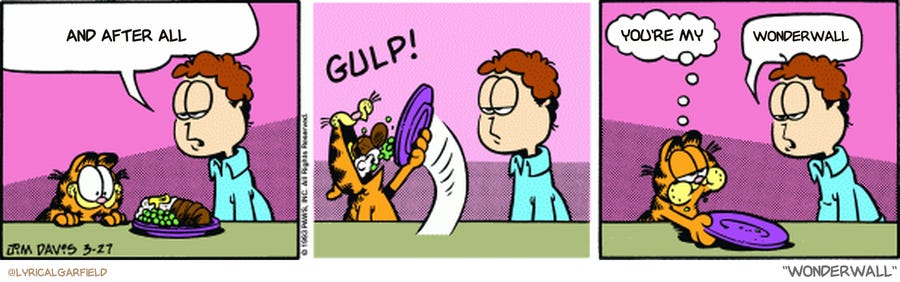Original Garfield comic from March 27, 1993

Text replaced with lyrics from: Wonderwall

