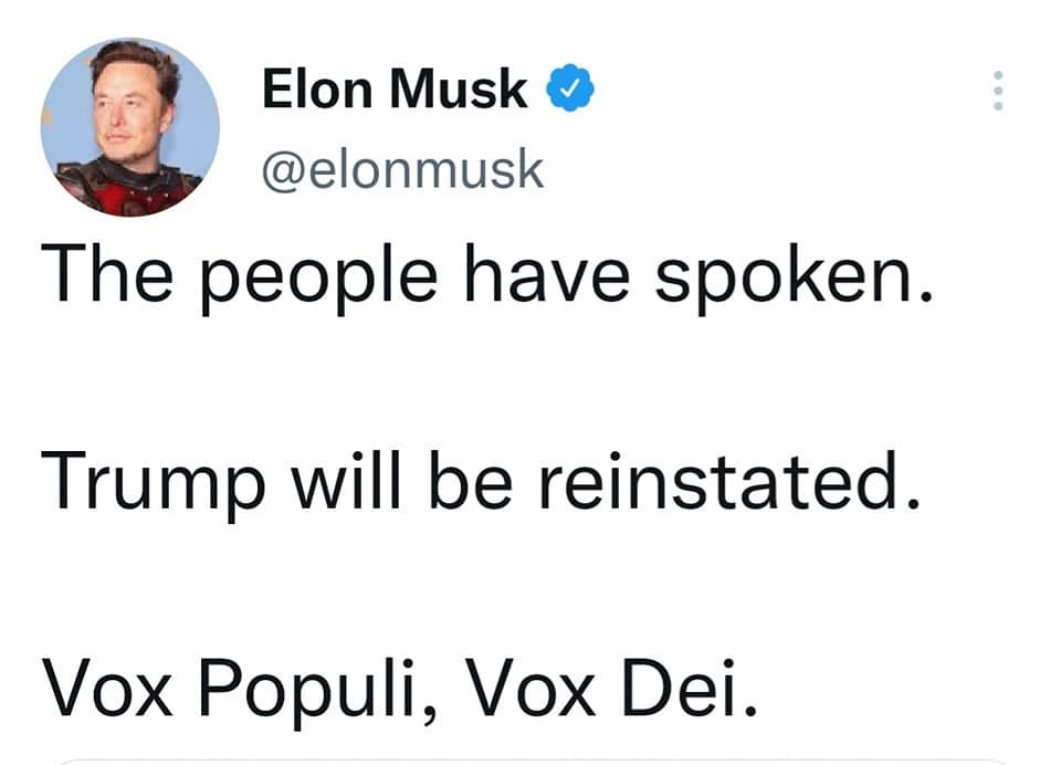 May be a Twitter screenshot of 1 person and text that says 'Elon Musk @elonmusk The people have spoken. Trump will be reinstated. Vox Populi, Vox Dei.'