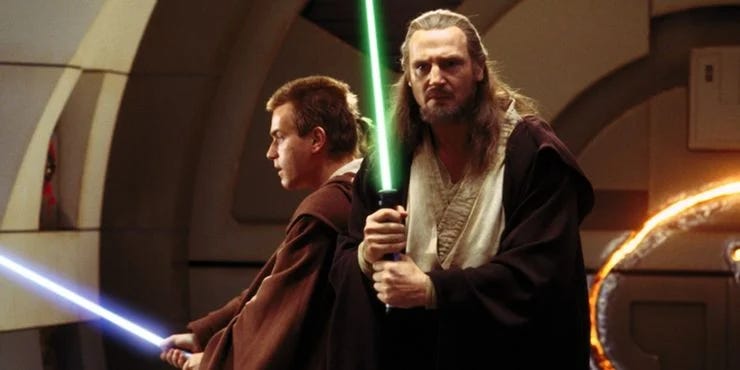 Movie Obi-Wan and Qui-Gon back to back to fight off droids.